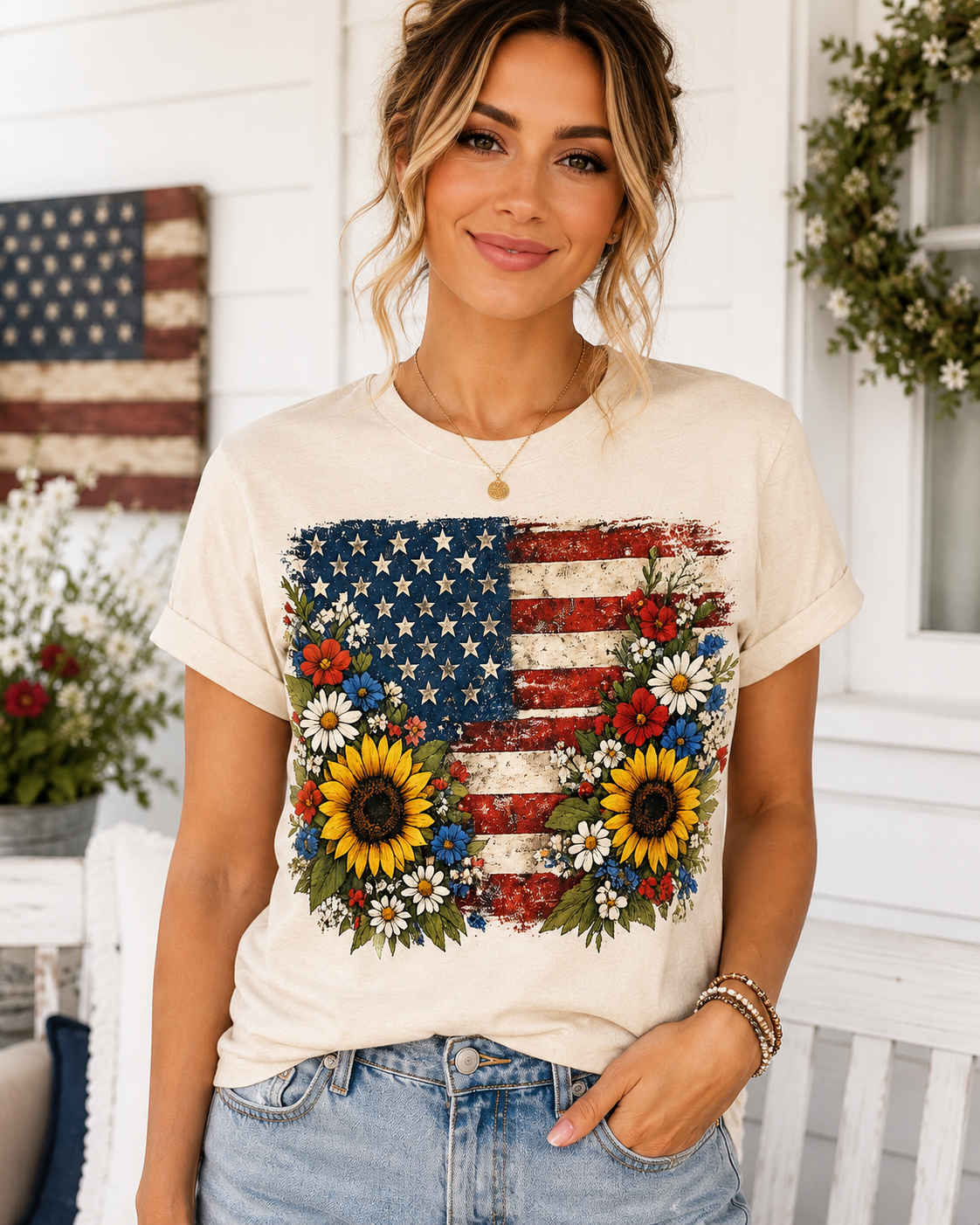 Floral American Flag T-Shirt for Women | Patriotic Sunflower Graphic Tee