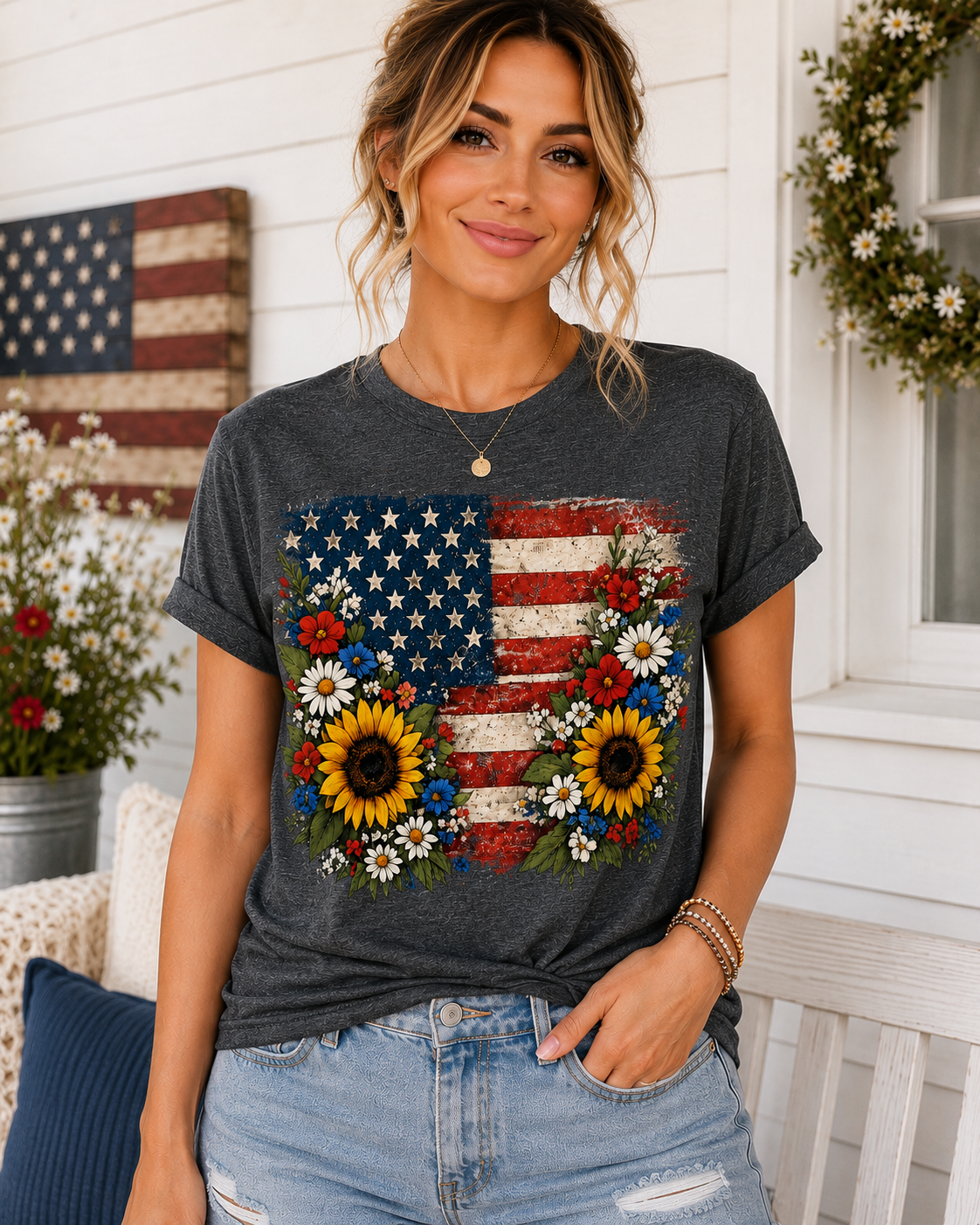 Floral American Flag T-Shirt for Women | Patriotic Sunflower Graphic Tee