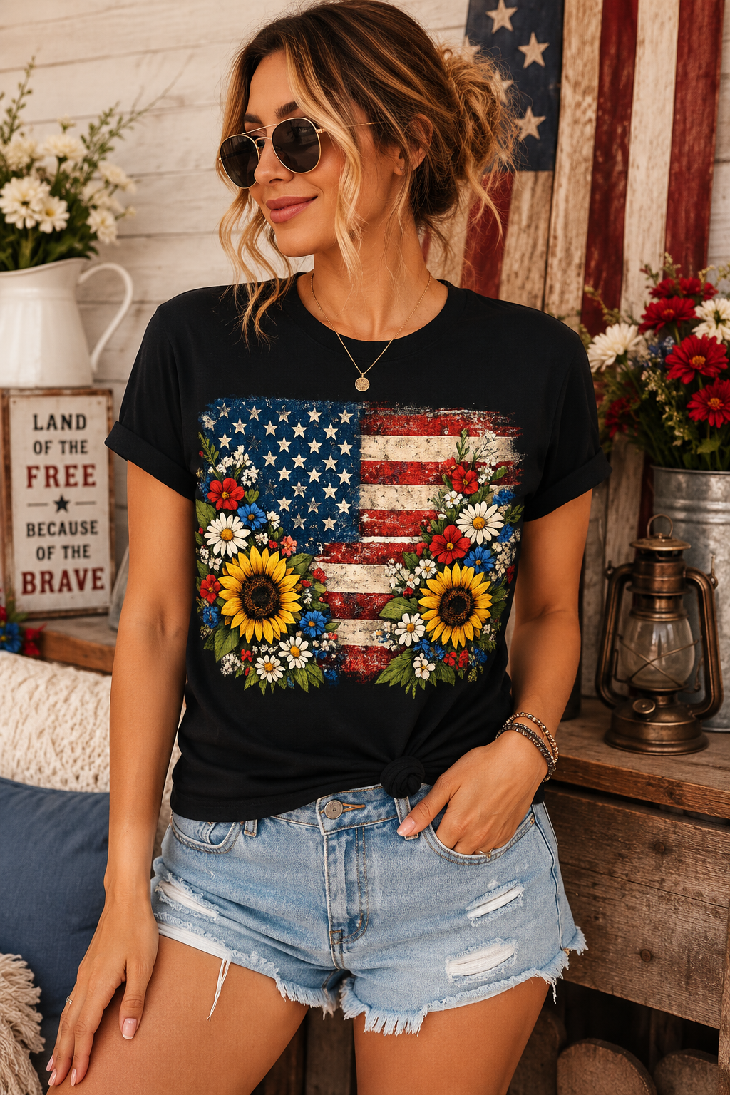 Floral American Flag T-Shirt for Women | Patriotic Sunflower Graphic Tee