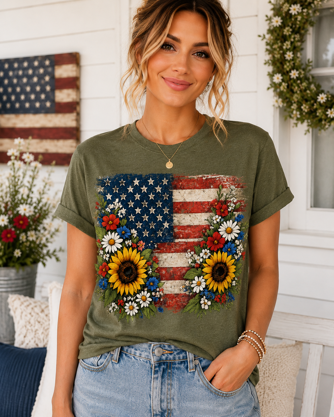 Floral American Flag T-Shirt for Women | Patriotic Sunflower Graphic Tee