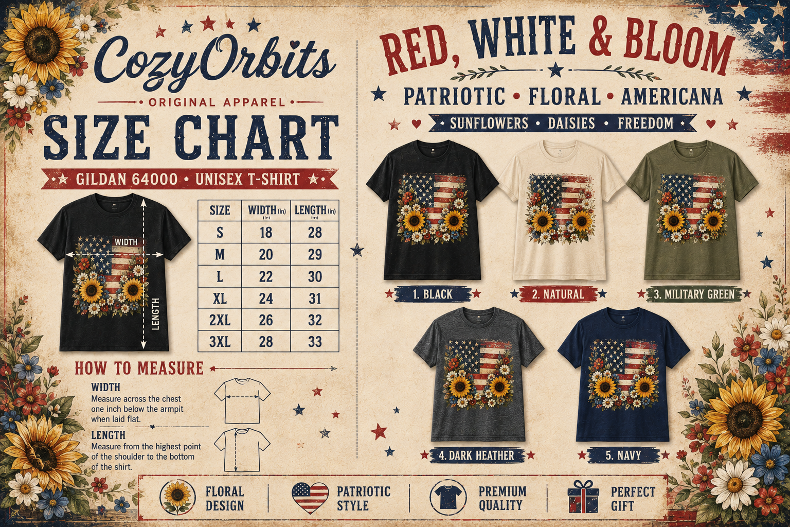Floral American Flag T-Shirt for Women | Patriotic Sunflower Graphic Tee