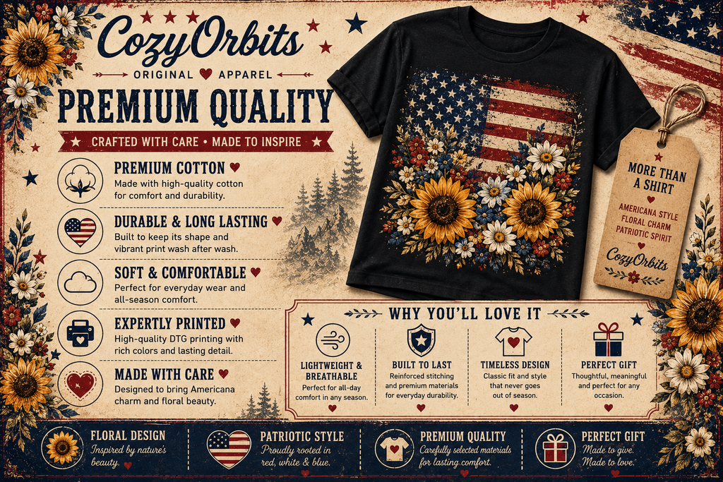 Floral American Flag T-Shirt for Women | Patriotic Sunflower Graphic Tee