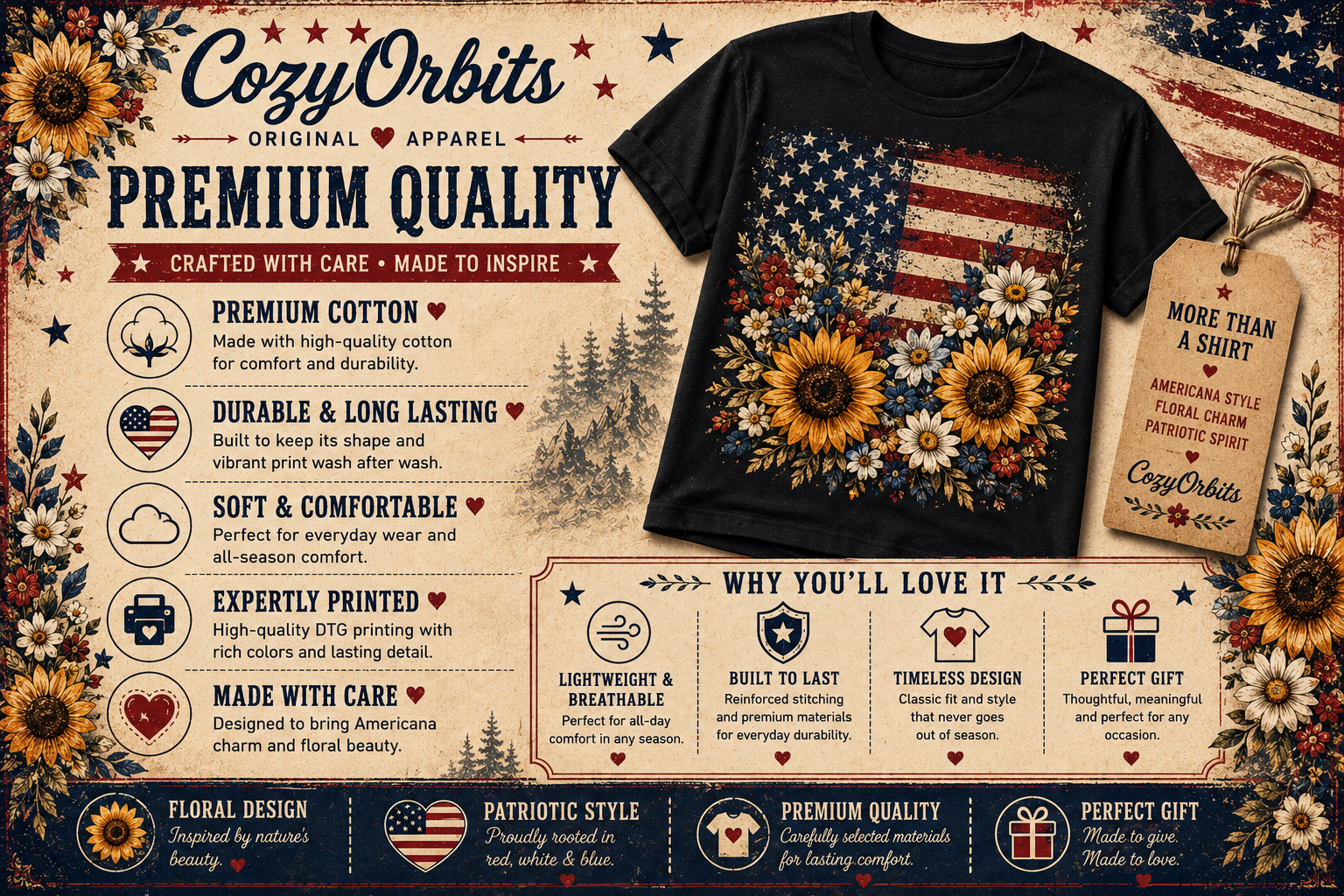 Floral American Flag T-Shirt for Women | Patriotic Sunflower Graphic Tee