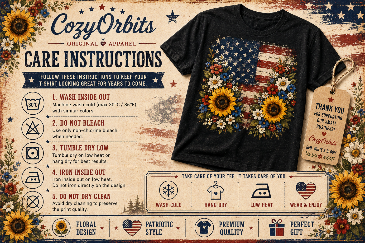 Floral American Flag T-Shirt for Women | Patriotic Sunflower Graphic Tee