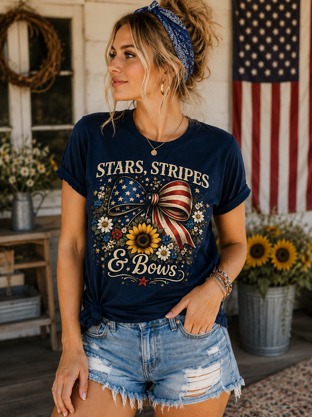 Stars, Stripes & Bows™ | Patriotic Floral Bow T-Shirt for Women