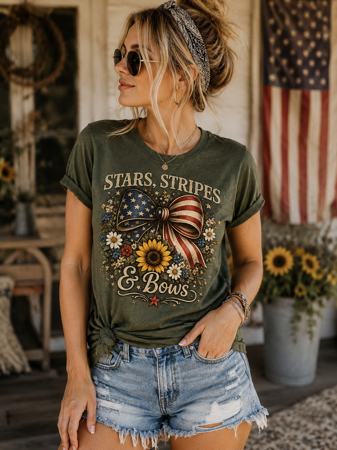 Stars, Stripes & Bows™ | Patriotic Floral Bow T-Shirt for Women