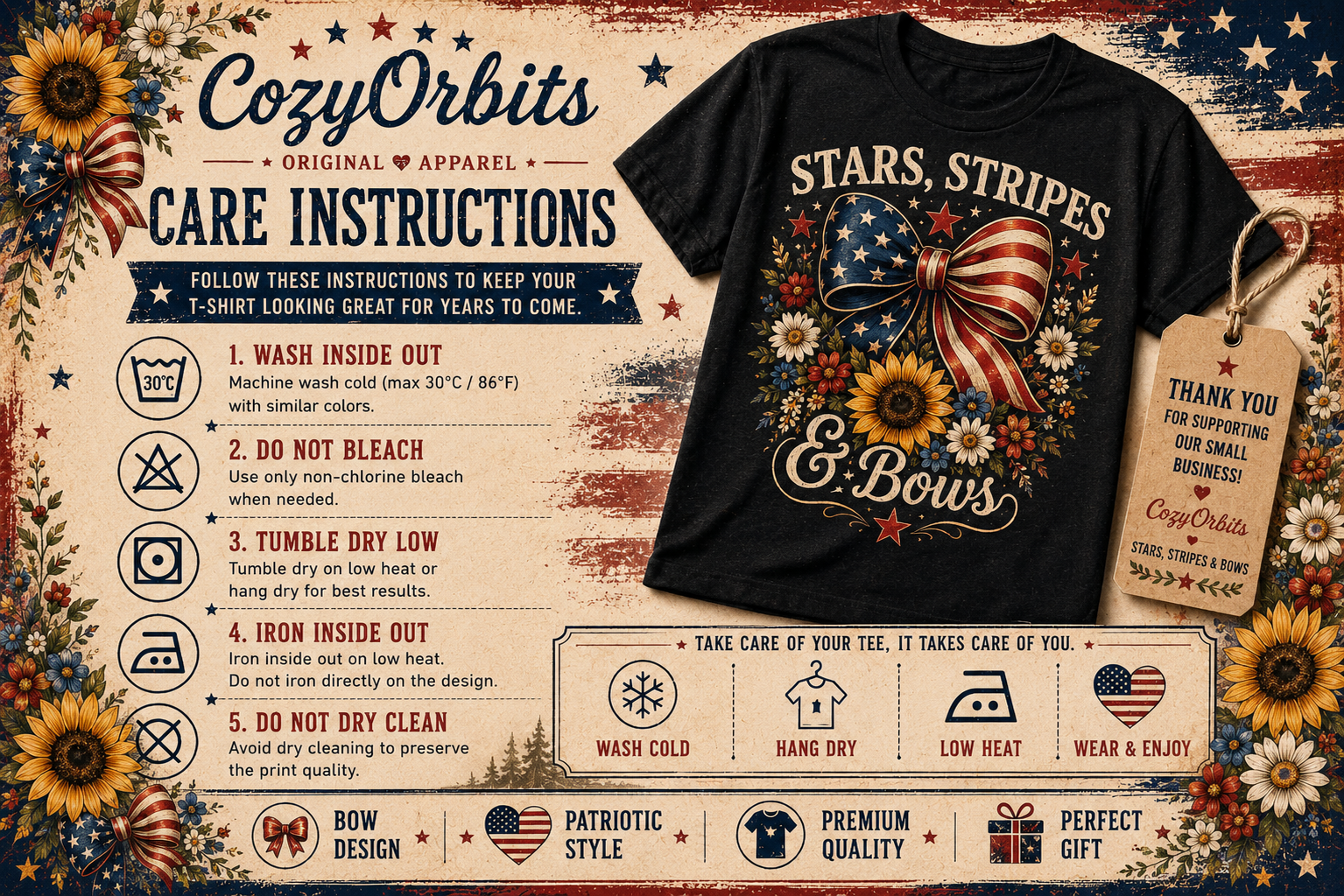 Stars, Stripes & Bows™ | Patriotic Floral Bow T-Shirt for Women