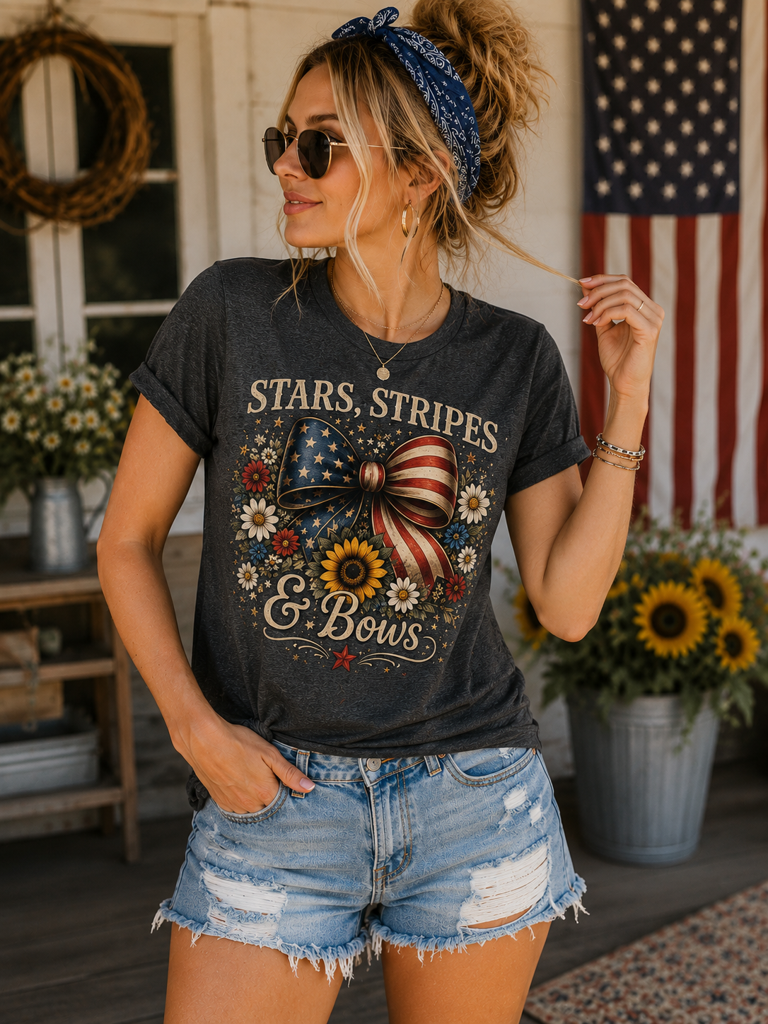 Stars, Stripes & Bows™ | Patriotic Floral Bow T-Shirt for Women