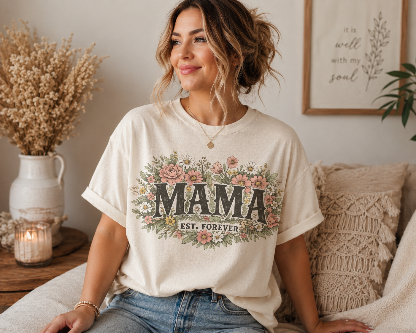 Mama Est. Forever Floral Shirt – Vintage Wildflower Mom Tee, Botanical Graphic T-Shirt, Mother's Day Gift for Mom