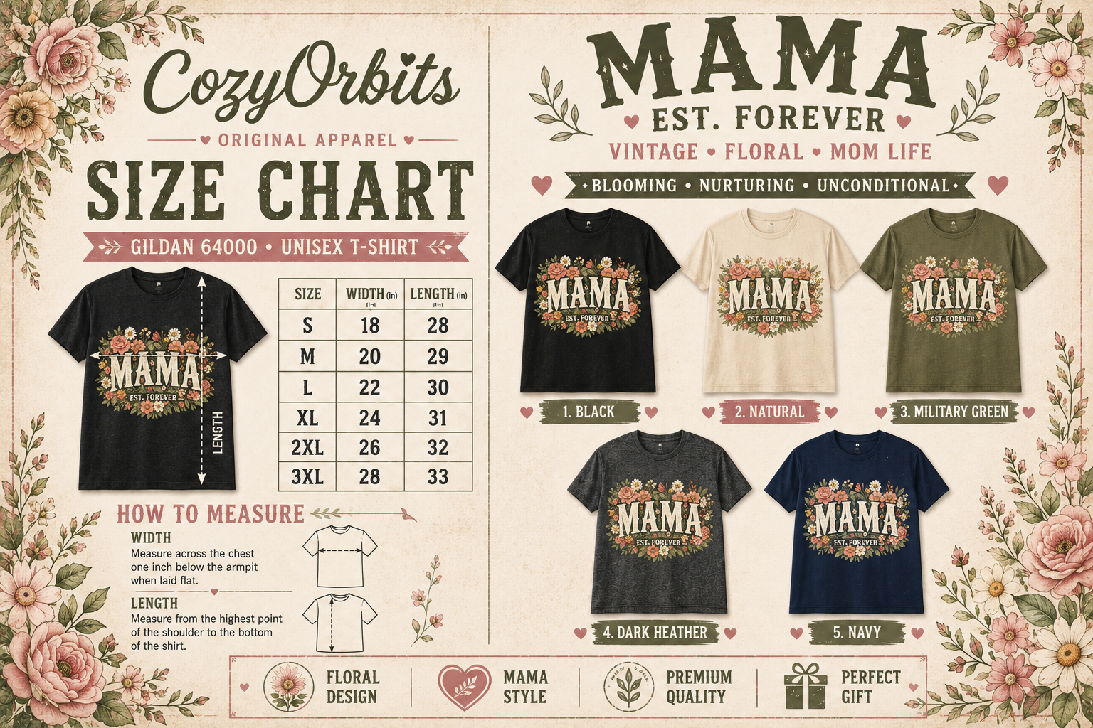 Mama Est. Forever Floral Shirt – Vintage Wildflower Mom Tee, Botanical Graphic T-Shirt, Mother's Day Gift for Mom