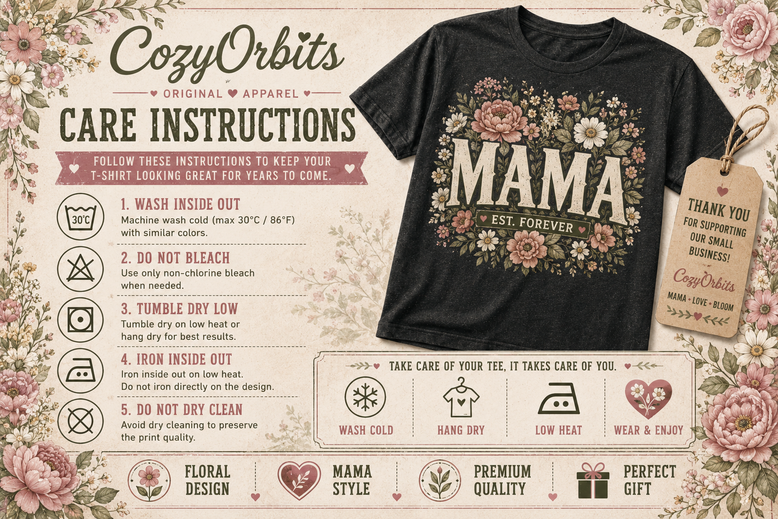 Mama Est. Forever Floral Shirt – Vintage Wildflower Mom Tee, Botanical Graphic T-Shirt, Mother's Day Gift for Mom