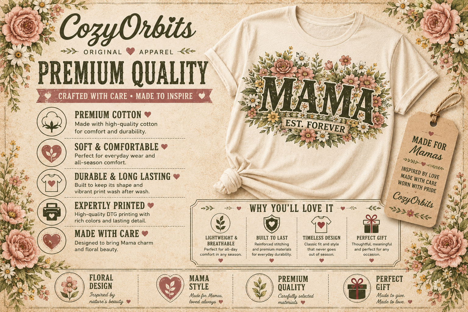 Mama Est. Forever Floral Shirt – Vintage Wildflower Mom Tee, Botanical Graphic T-Shirt, Mother's Day Gift for Mom