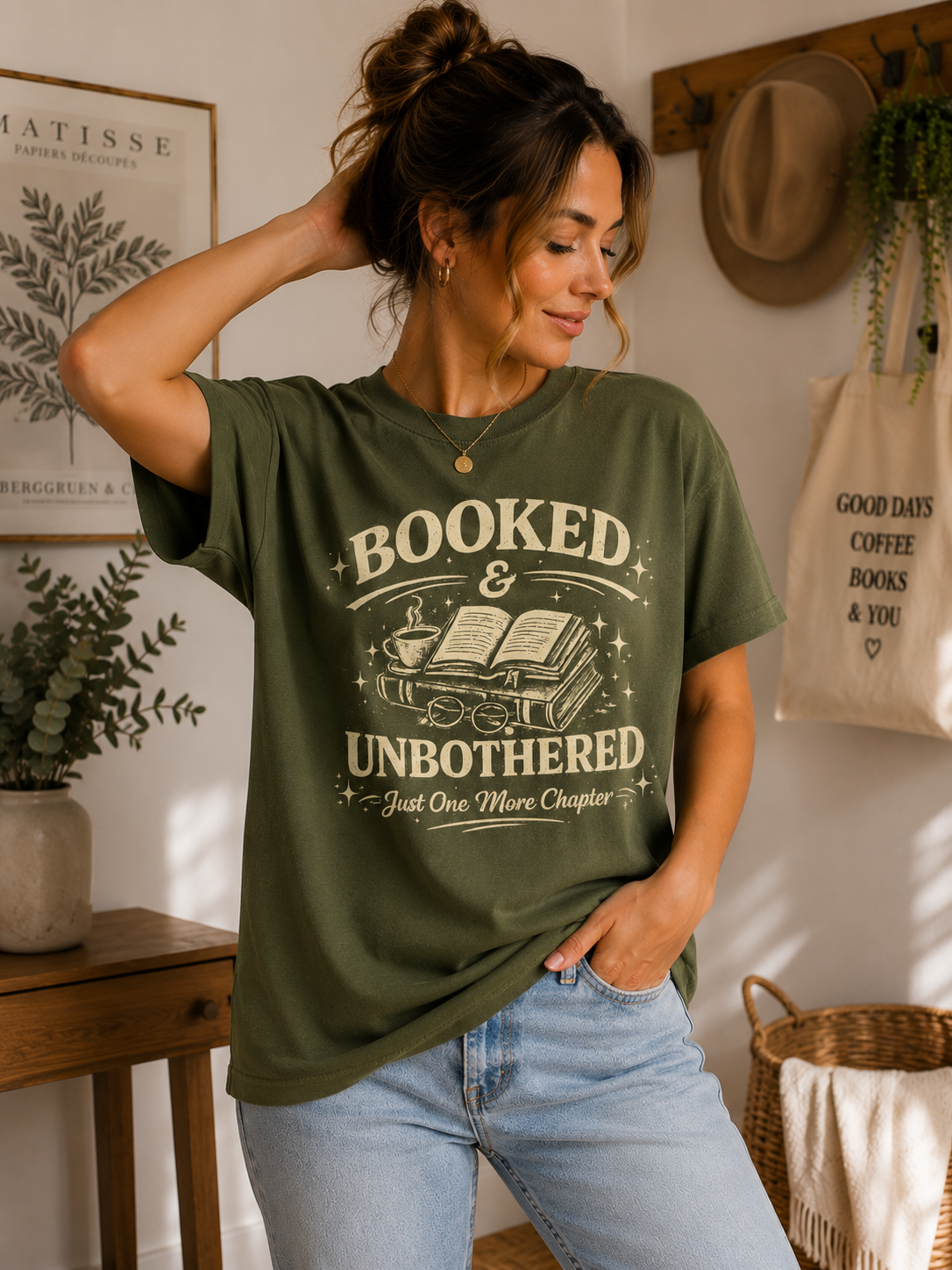 Booked & Unbothered T-Shirt | Just One More Chapter Book Lover Shirt | Reader Gift for Women | Bibliophile Tee