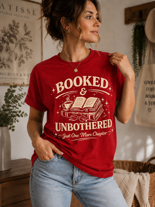 Booked & Unbothered T-Shirt | Just One More Chapter Book Lover Shirt | Reader Gift for Women | Bibliophile Tee
