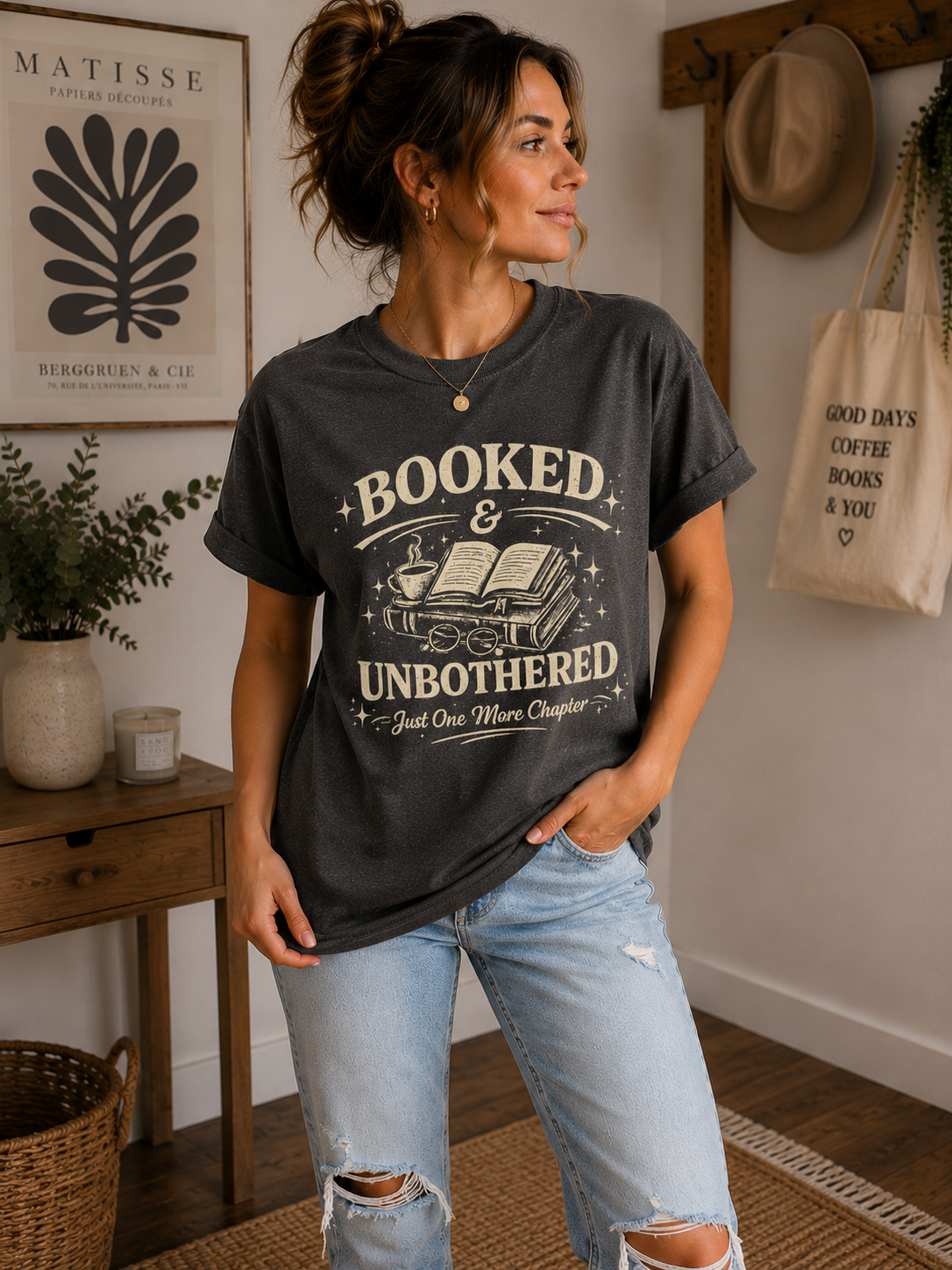 Booked & Unbothered T-Shirt | Just One More Chapter Book Lover Shirt | Reader Gift for Women | Bibliophile Tee